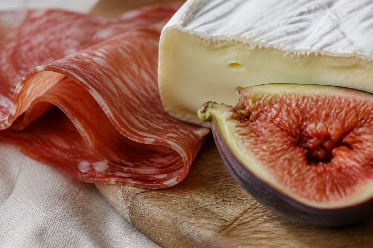 Folded salami, a wedge of brie and a halved fig